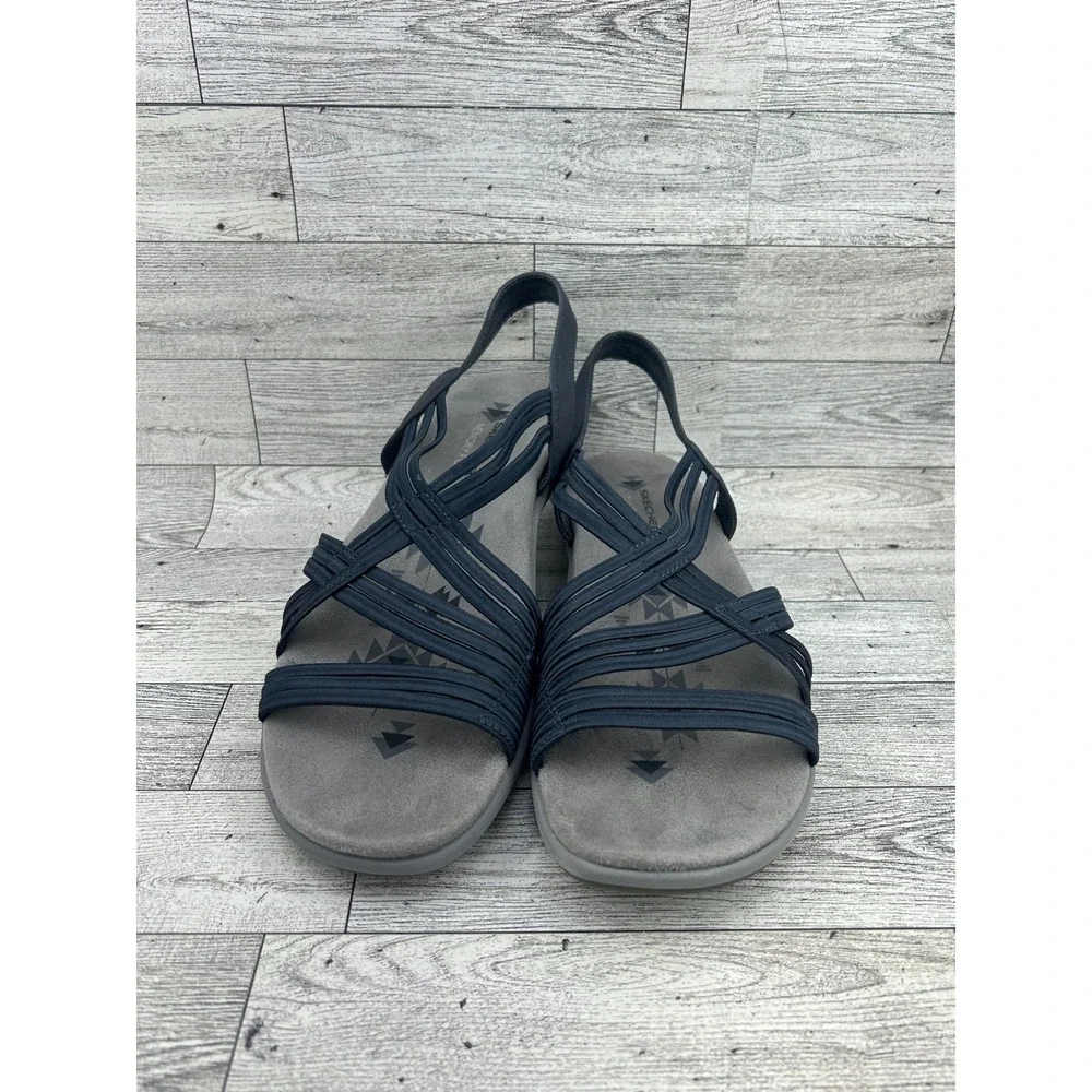 Skechers Reggae Slim Vacay Navy Blue Strappy Memory Foam Sandals Women Sz 8